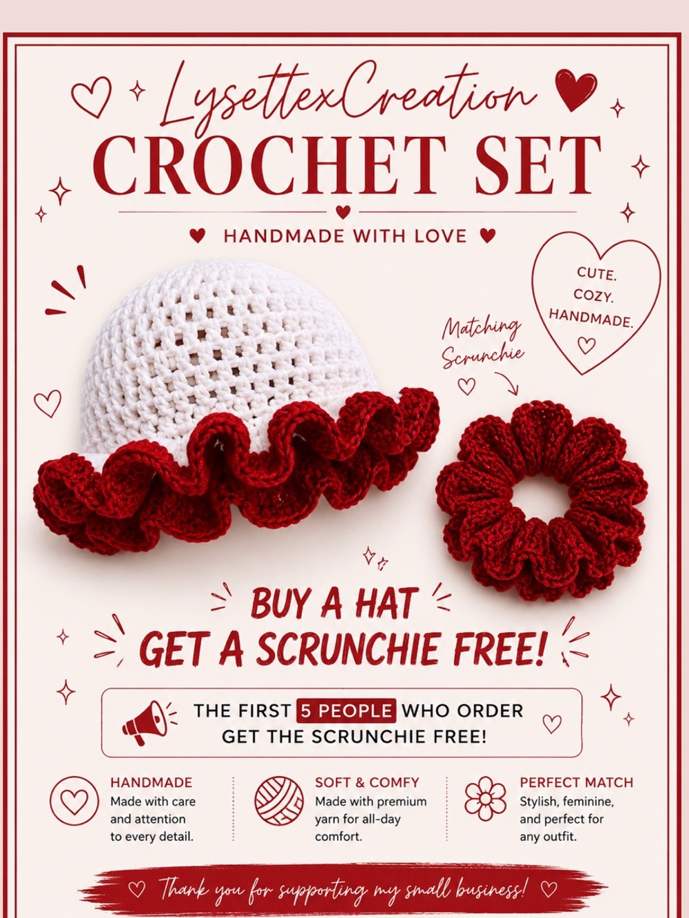 Handmade White Crochet Hat with Red Ruffle + Red Scrunchie